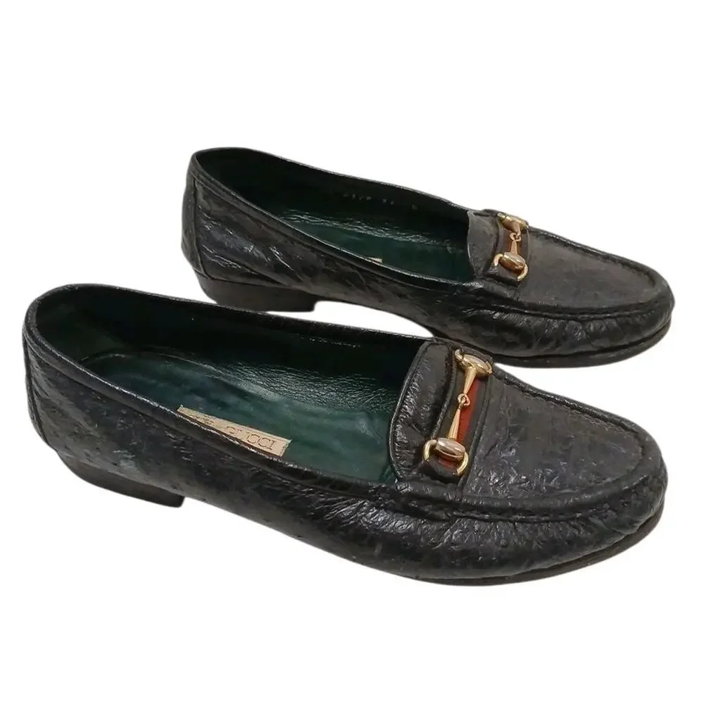 Gucci Horse Bit Loafers Flat Shoes 36 Black Leather Equestrian Red Green Ribbon